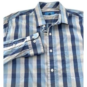 COLE HAAN Grand OS Men's Large Blue & Gray Plaid Button Down Cotton Blend Shirt